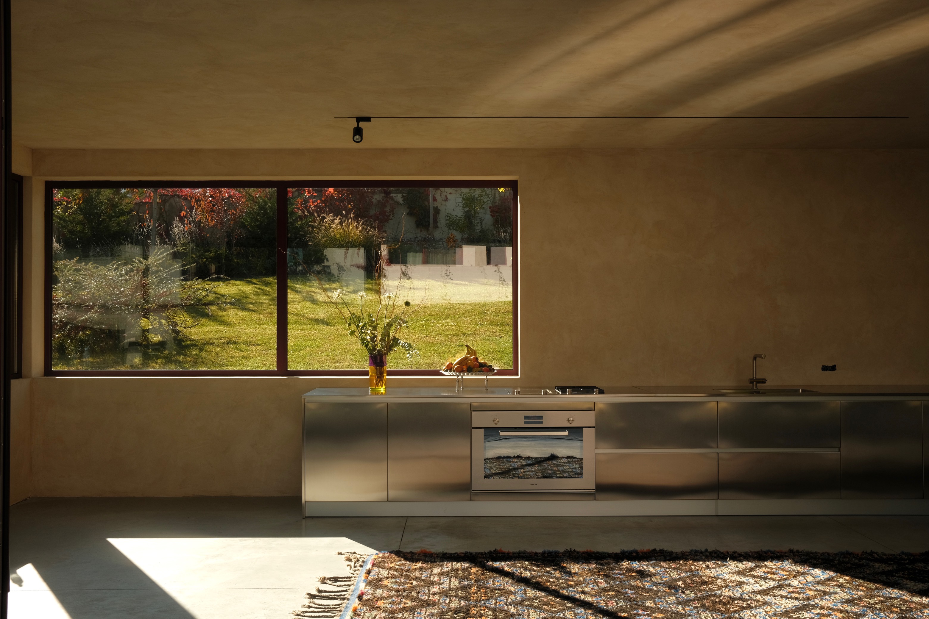 Interior composition with layered materials and natural light