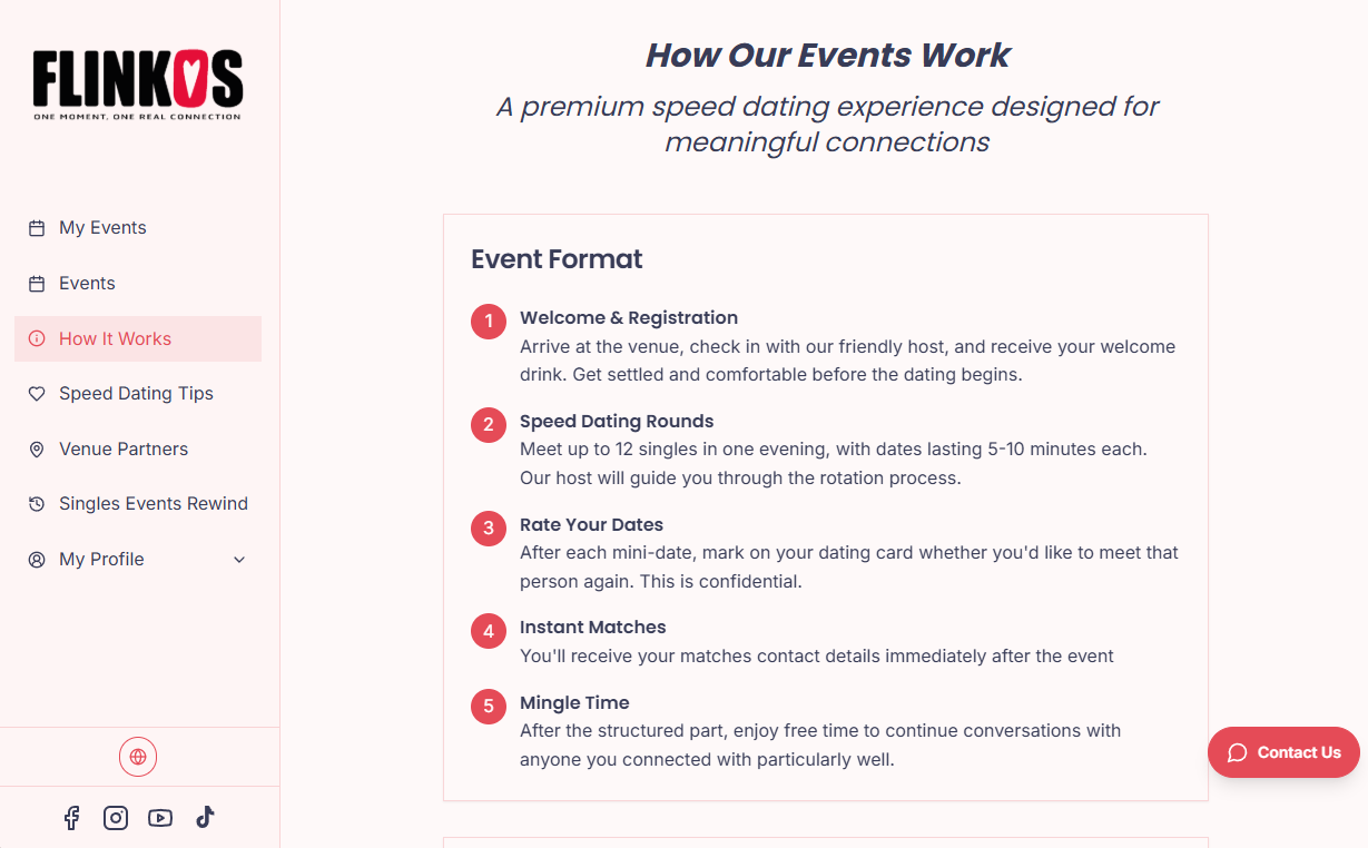 Desktop How It Works page outlining the Flinkos event format and user journey