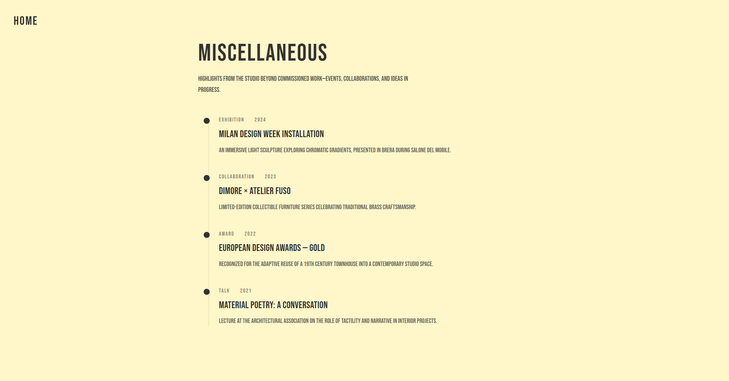 Desktop miscellaneous page with editorial typography and studio highlights