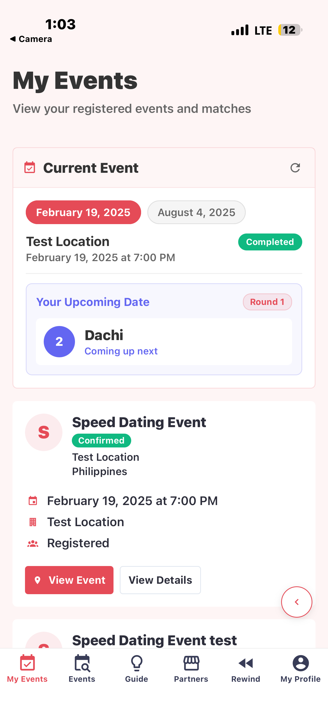 Flinkos My Events screen with current event and upcoming date details