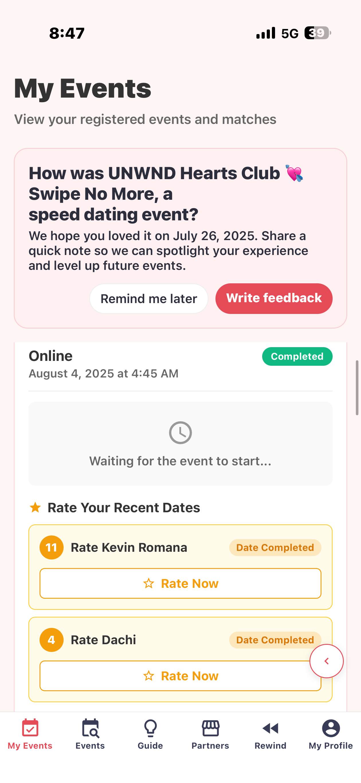 Flinkos My Events with feedback prompts and rate your dates section