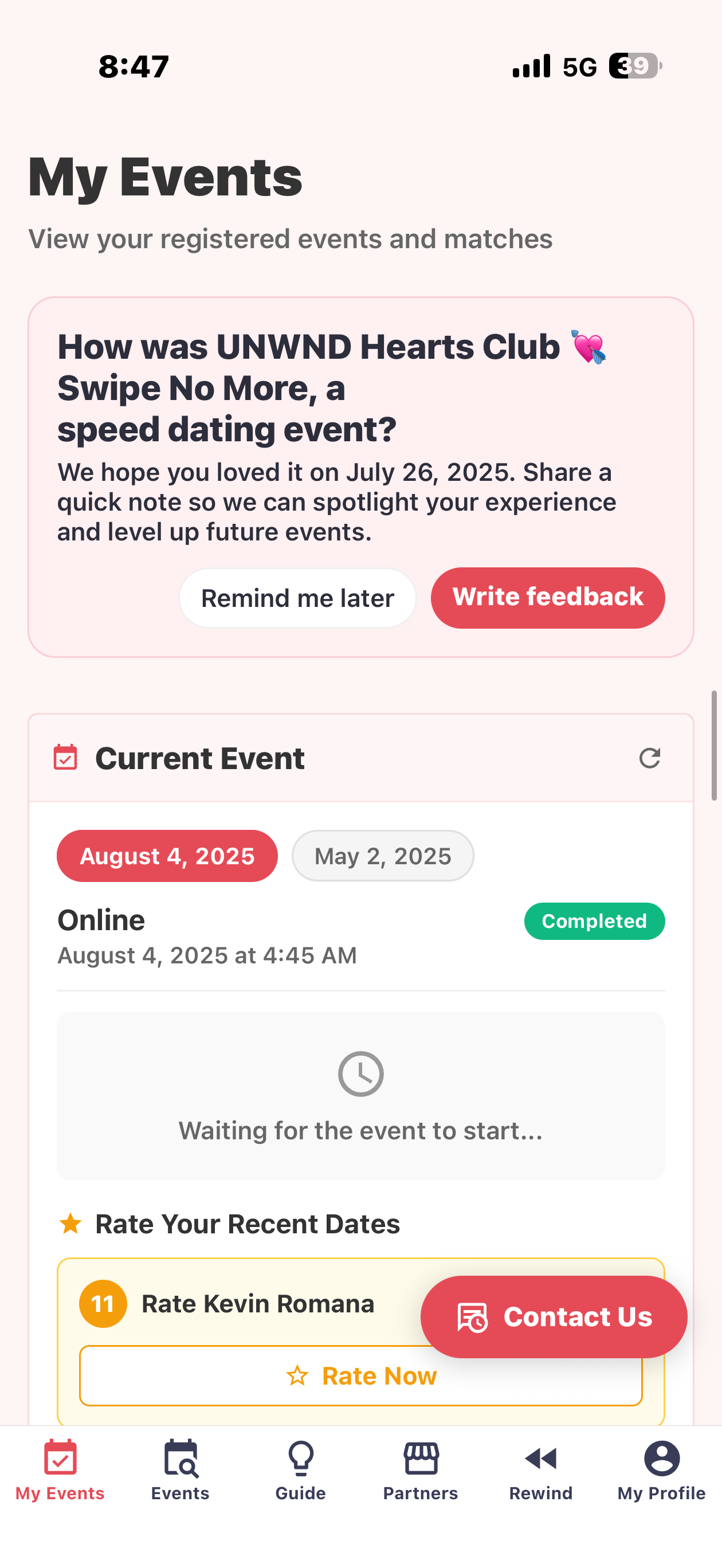 Flinkos My Events with feedback card and rate your recent dates